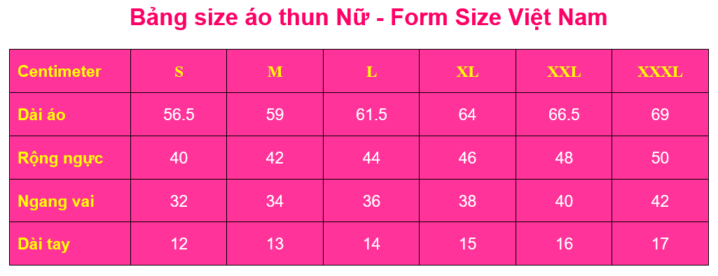 bảng size áo phông đồng phục nữ