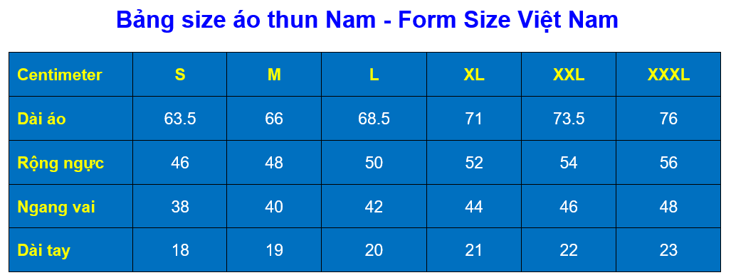bảng size áo phông nam